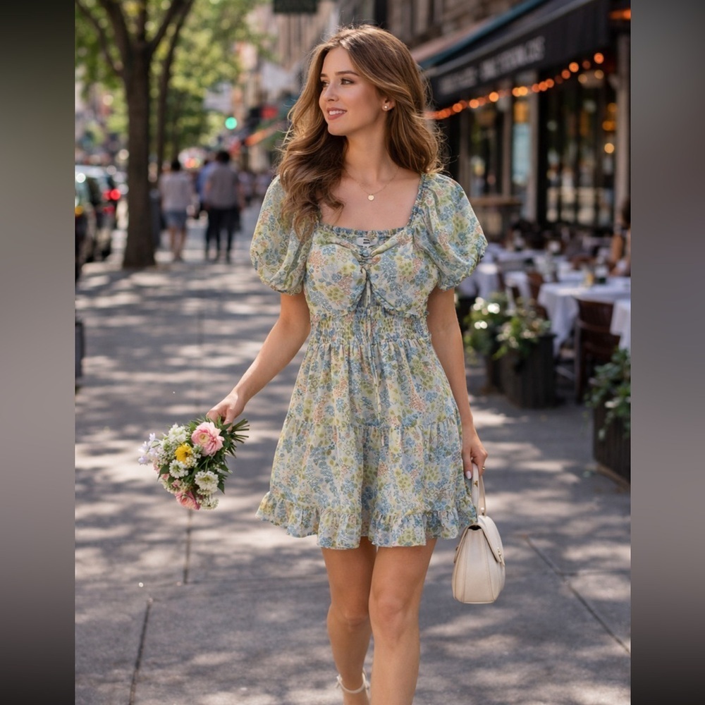 Madden NYC Floral Puff Sleeve Smocked Cottagecore Fairy Dress size Large